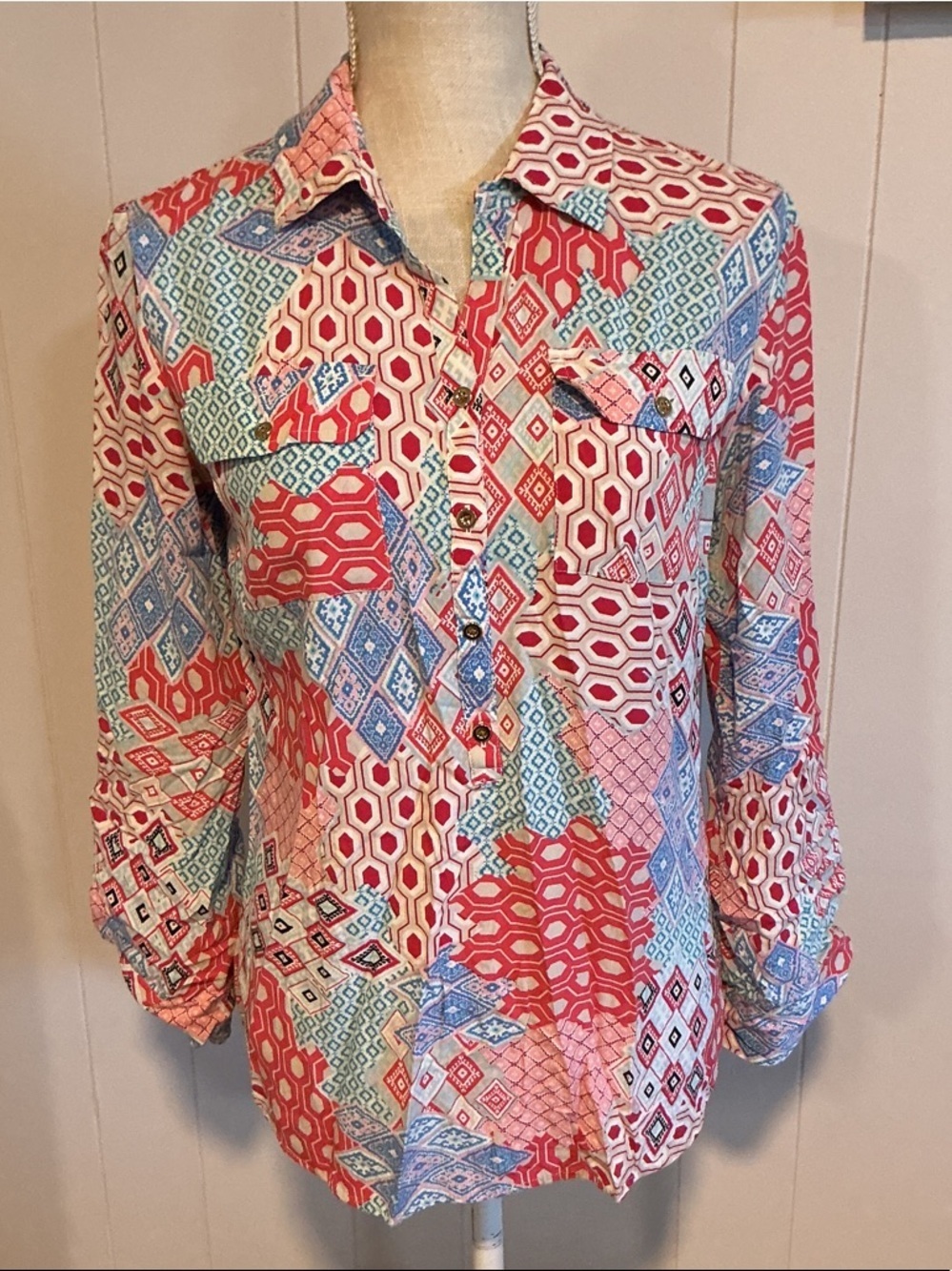 Talbots Coral, Blue and White Geometric Button-Front Shirt